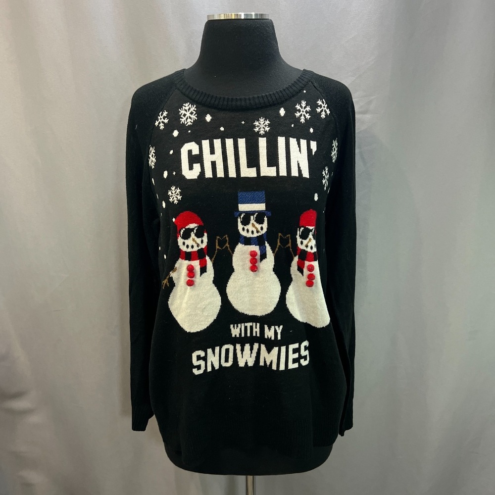 Well Worn Holiday Knit Sweater Womens XL Black Chillin' With My Snowmies Graphic